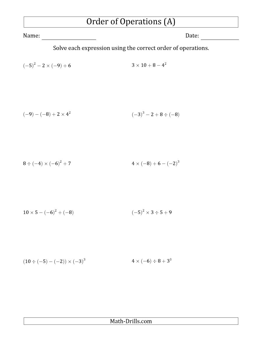 Order Of Operations With Negative And Positive Integers (Four Steps) (A) - Order Of Operations Free Printable Worksheets With Answers