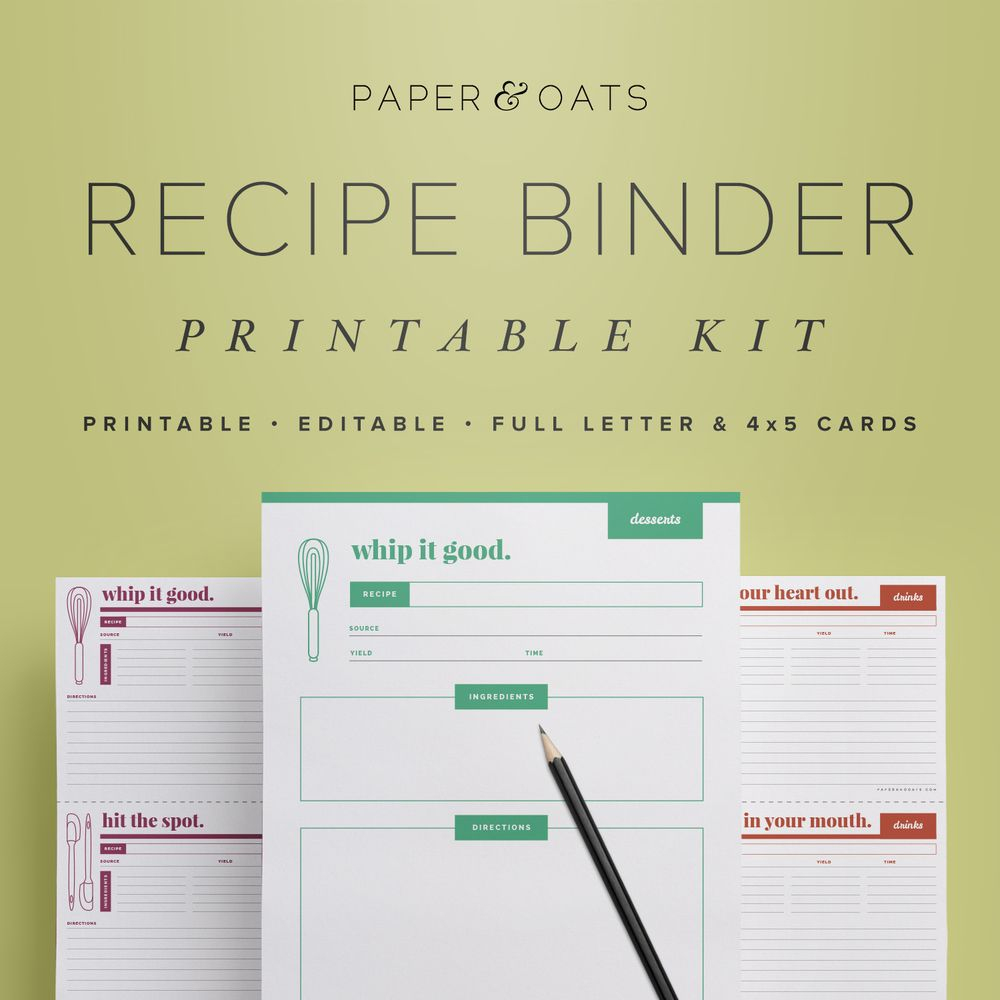 Paper + Oats Printable Planners – Recipe Cards And Pages Formatted - Free Printable Cookbooks Pdf