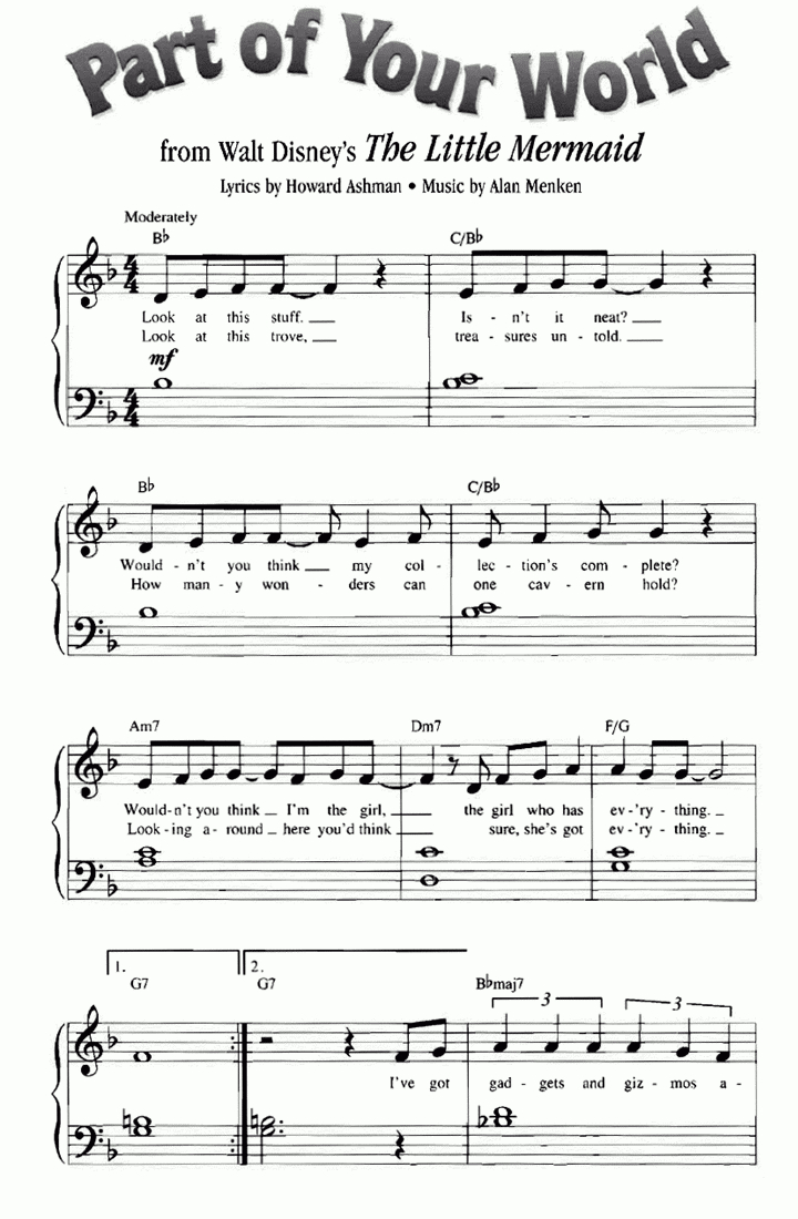 Part Of Your World The Little Mermaid Piano Sheet Music – Guitar - Free Printable Sheet Music Lyrics