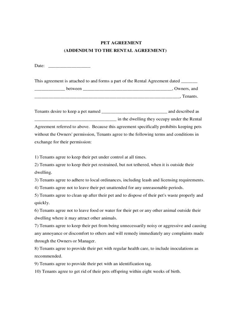 Pet Rental Agreement Free Printable Pet Addendum Forms Owners Pet - Free Printable Pet Addendum