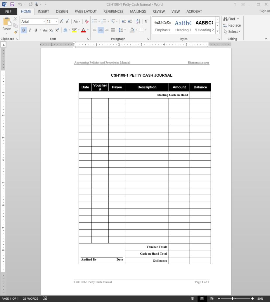 Petty Cash Accounting Journal Template | Bizmanualz - Free Printable Petty Cash Voucher