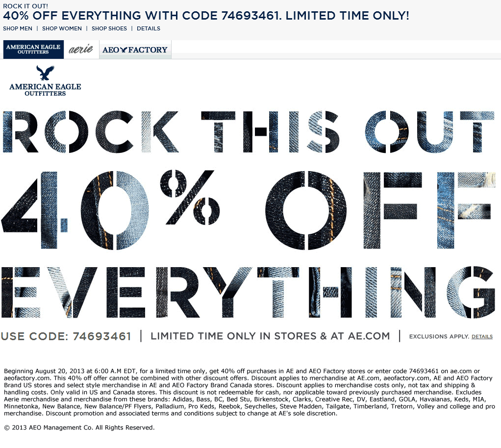 Pinned August 21St: 40% Off At American #eagle Outfitters &amp;amp; Factory - Free Printable American Eagle Coupons
