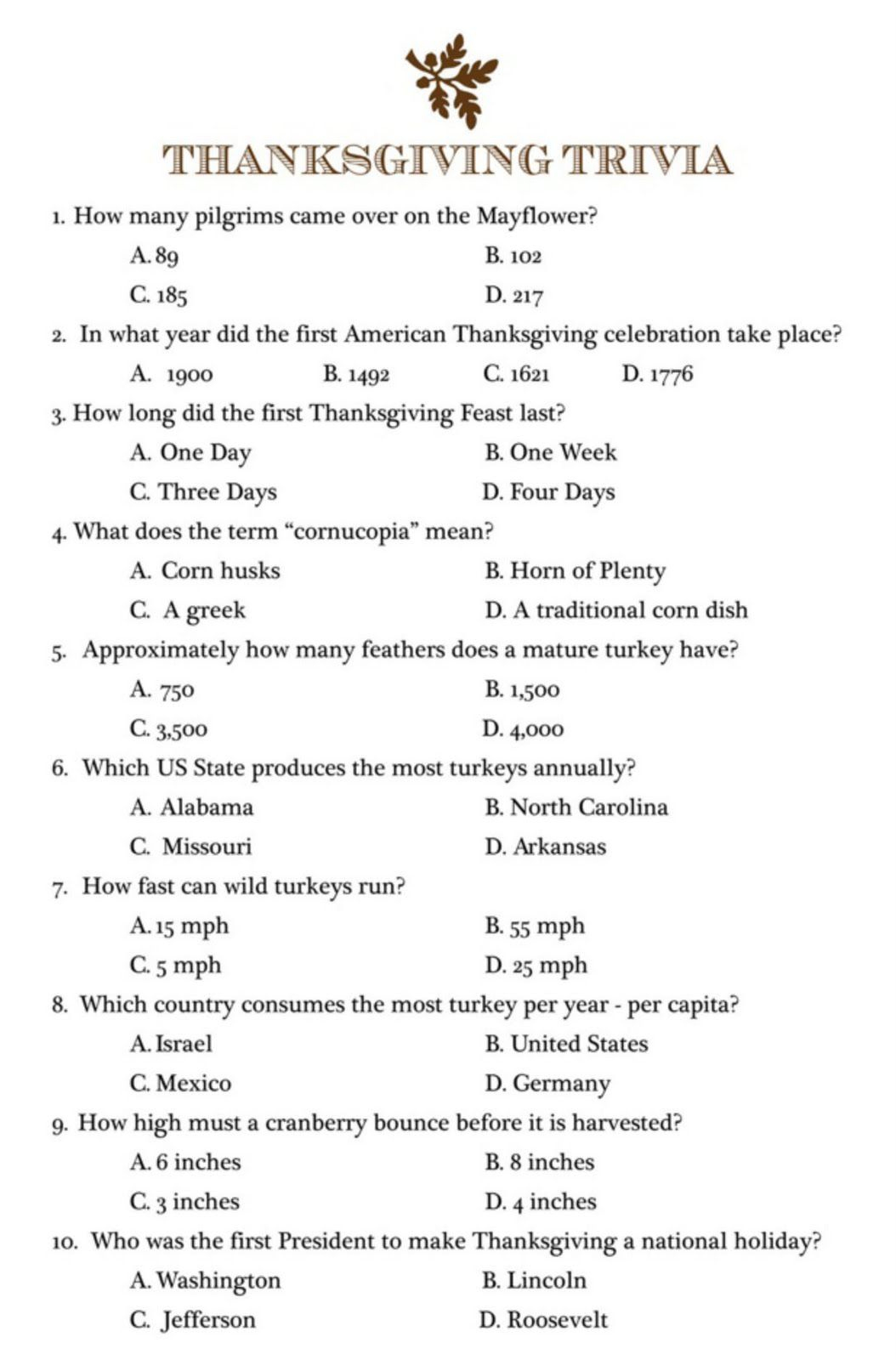 Play A Game | American Heritage Girls | Thanksgiving Facts - Free Printable Trivia Questions For Seniors