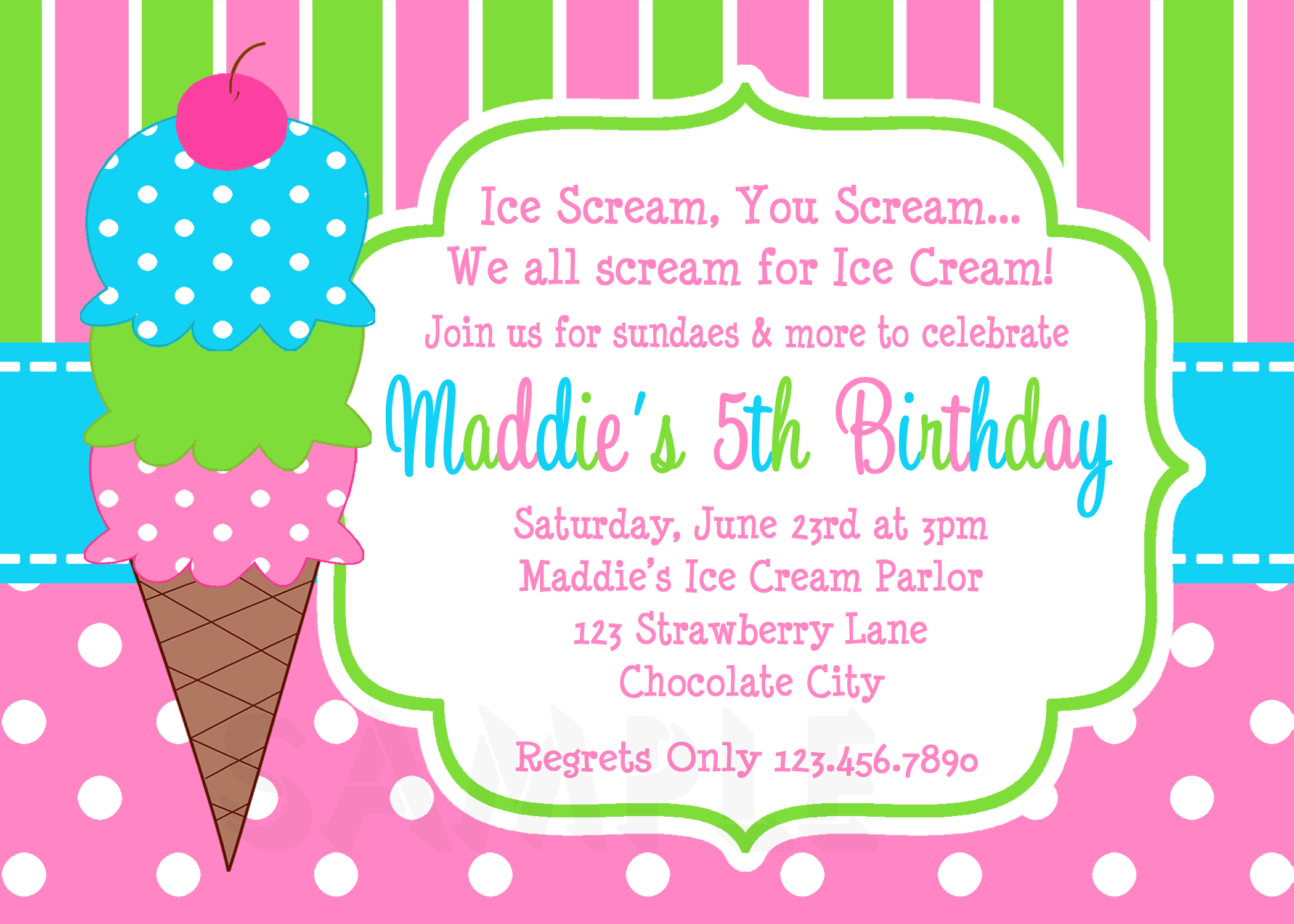 Printable Birthday Invitations, Girls Ice Cream Party, - Ice Cream Party Invitations Printable Free