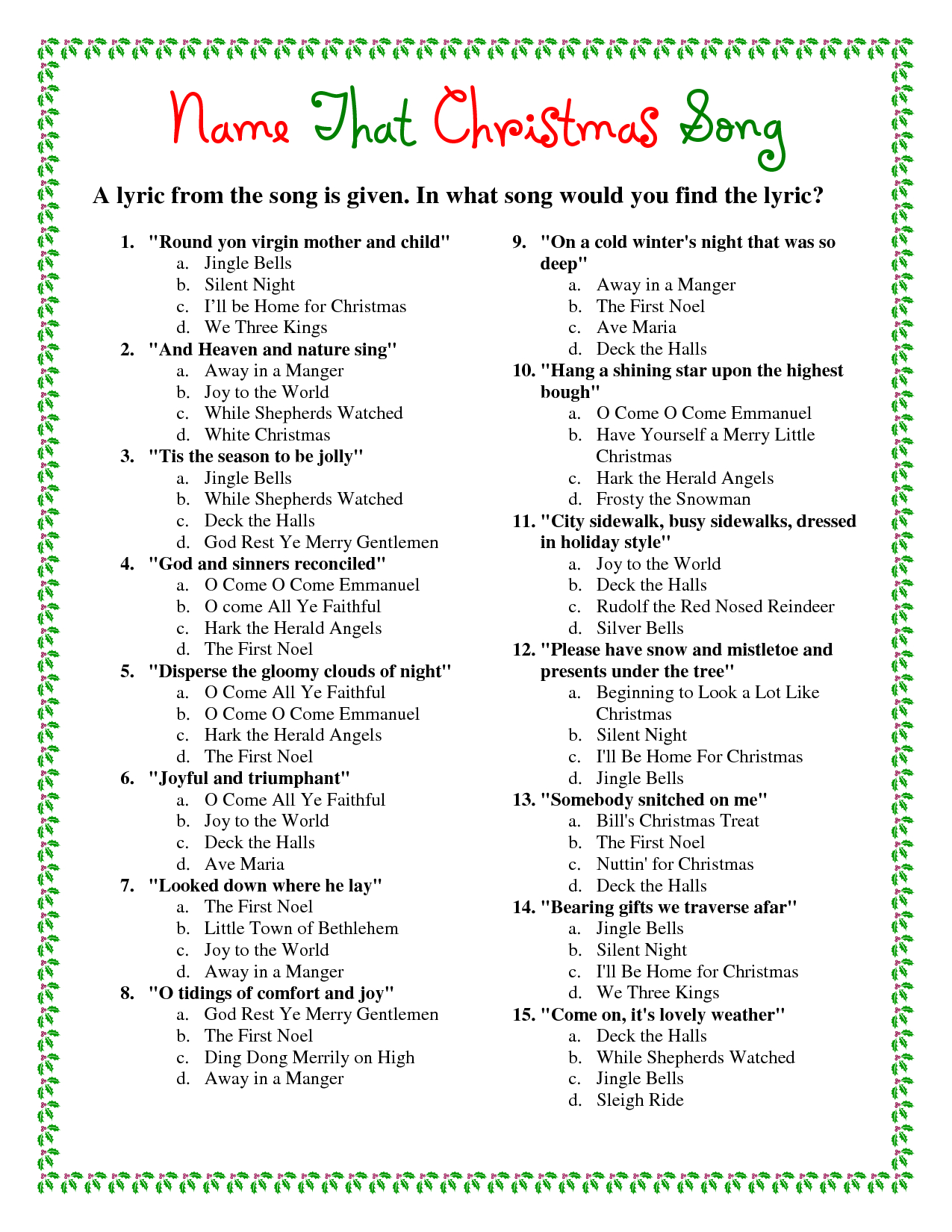 Printable Christmas Song Trivia | Christmas | Christmas Trivia - Free Printable Trivia Questions And Answers