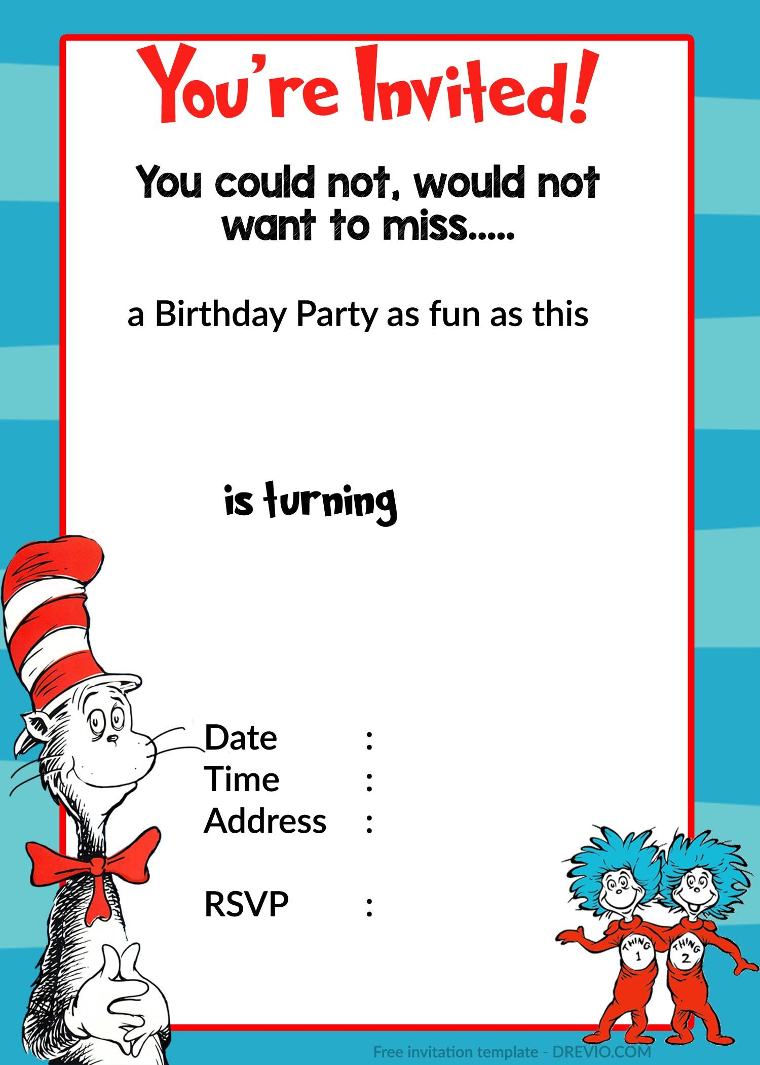 Printable Dr. Seuss Birthday | Birthday Invitation For Kids | Dr - Doctor Who Party Invitations Printable Free