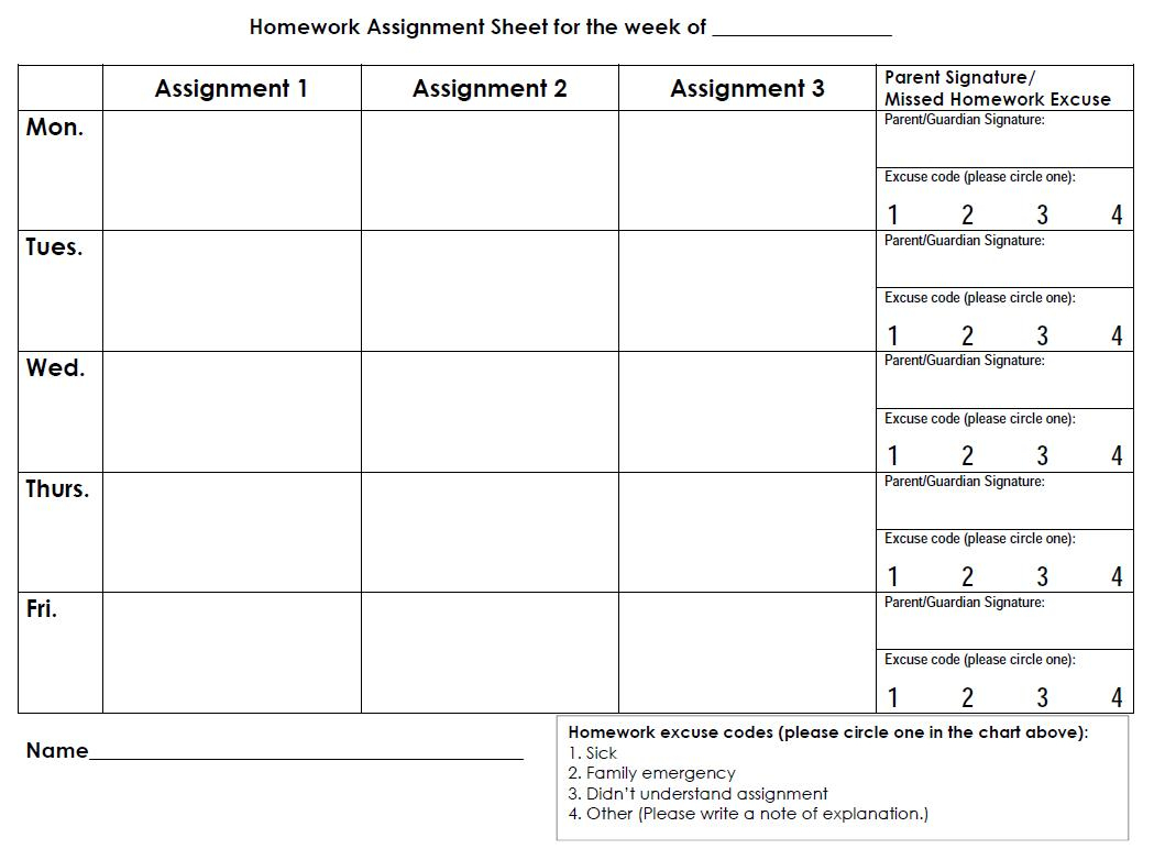 Printable Homework Sheets Weekly Calendar - 17.17.ybonlineacess.de • - Free Printable Homework Assignment Sheets