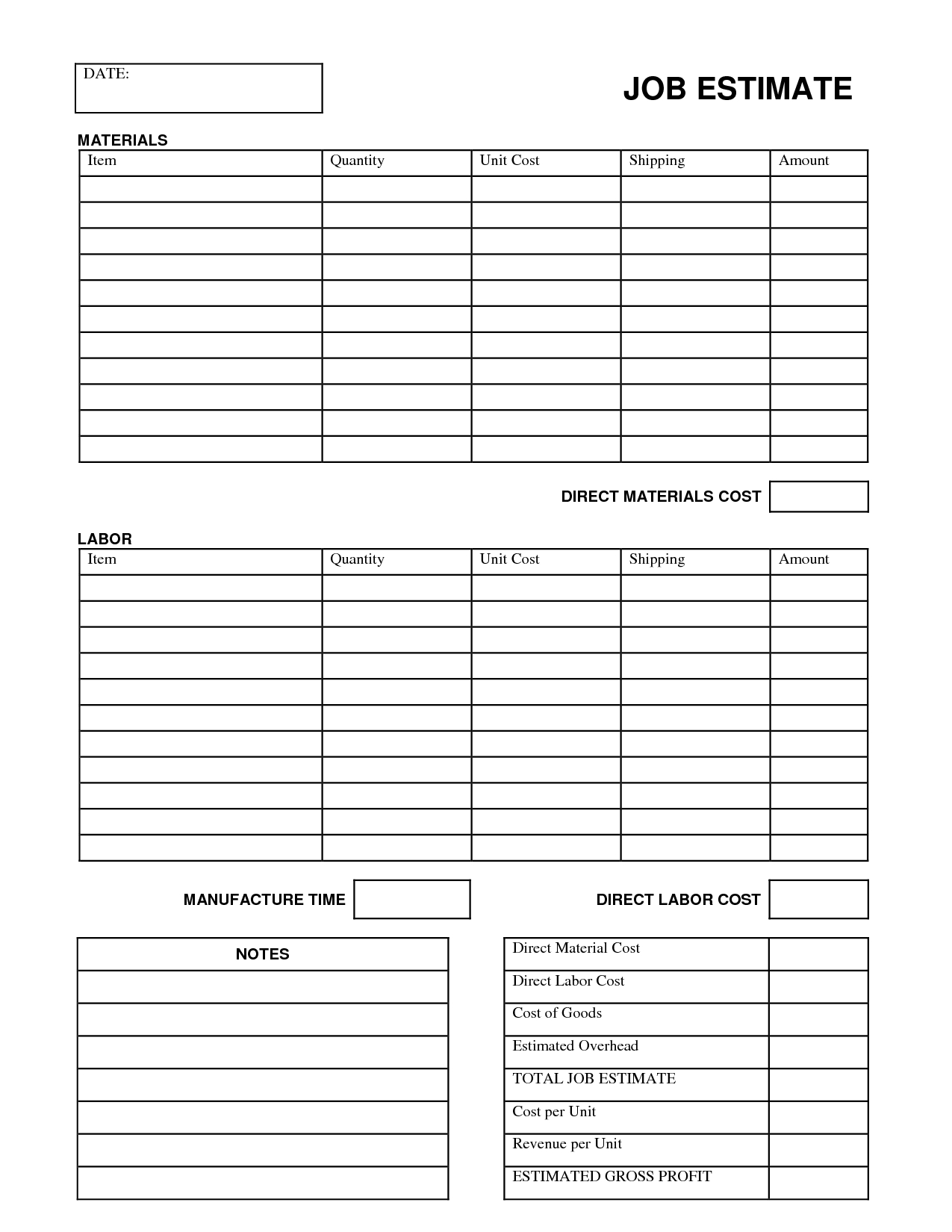 Printable Job Estimate Forms | Job Estimate Free Office Form - Free Printable Estimate Forms