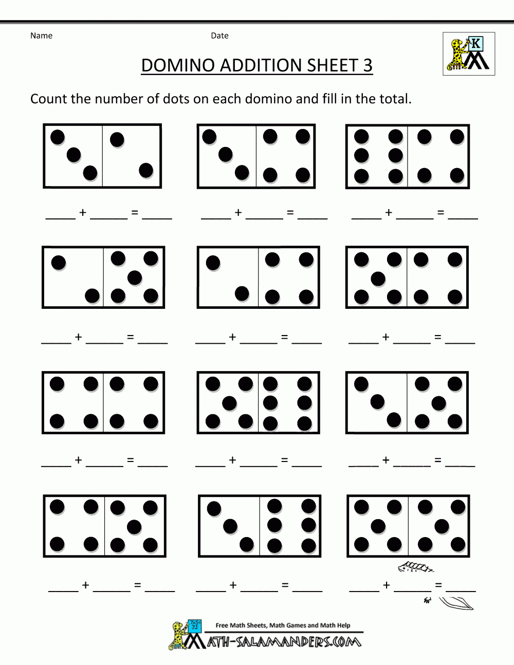 Printable Kindergarten Math Worksheets Domino Addition 3 - Free Printable Math Addition Worksheets For Kindergarten