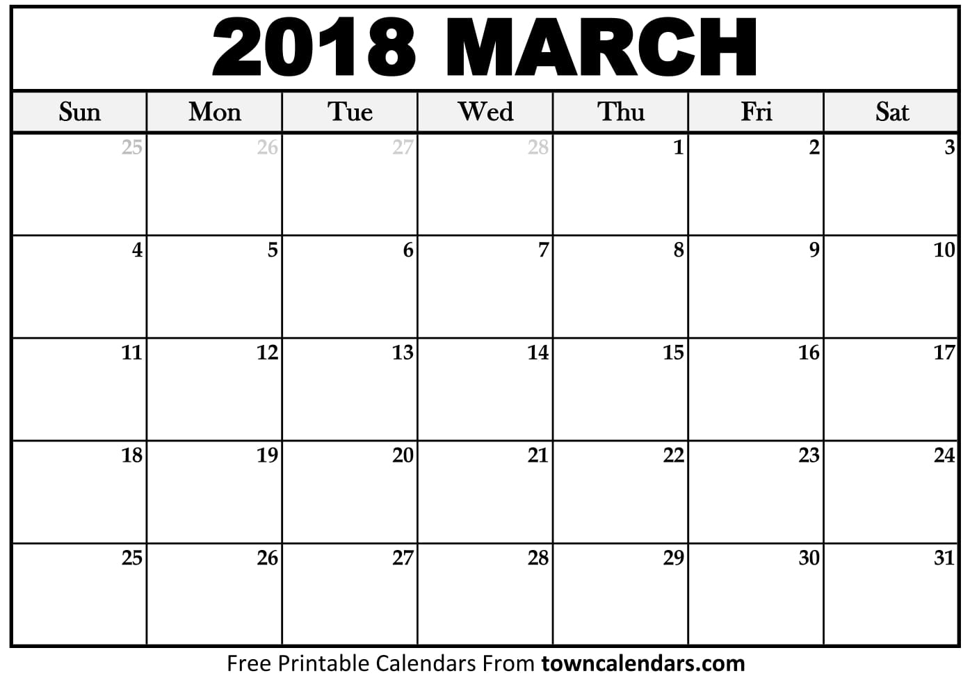 Printable March 2018 Calendar - Towncalendars - Free Printable March Activities