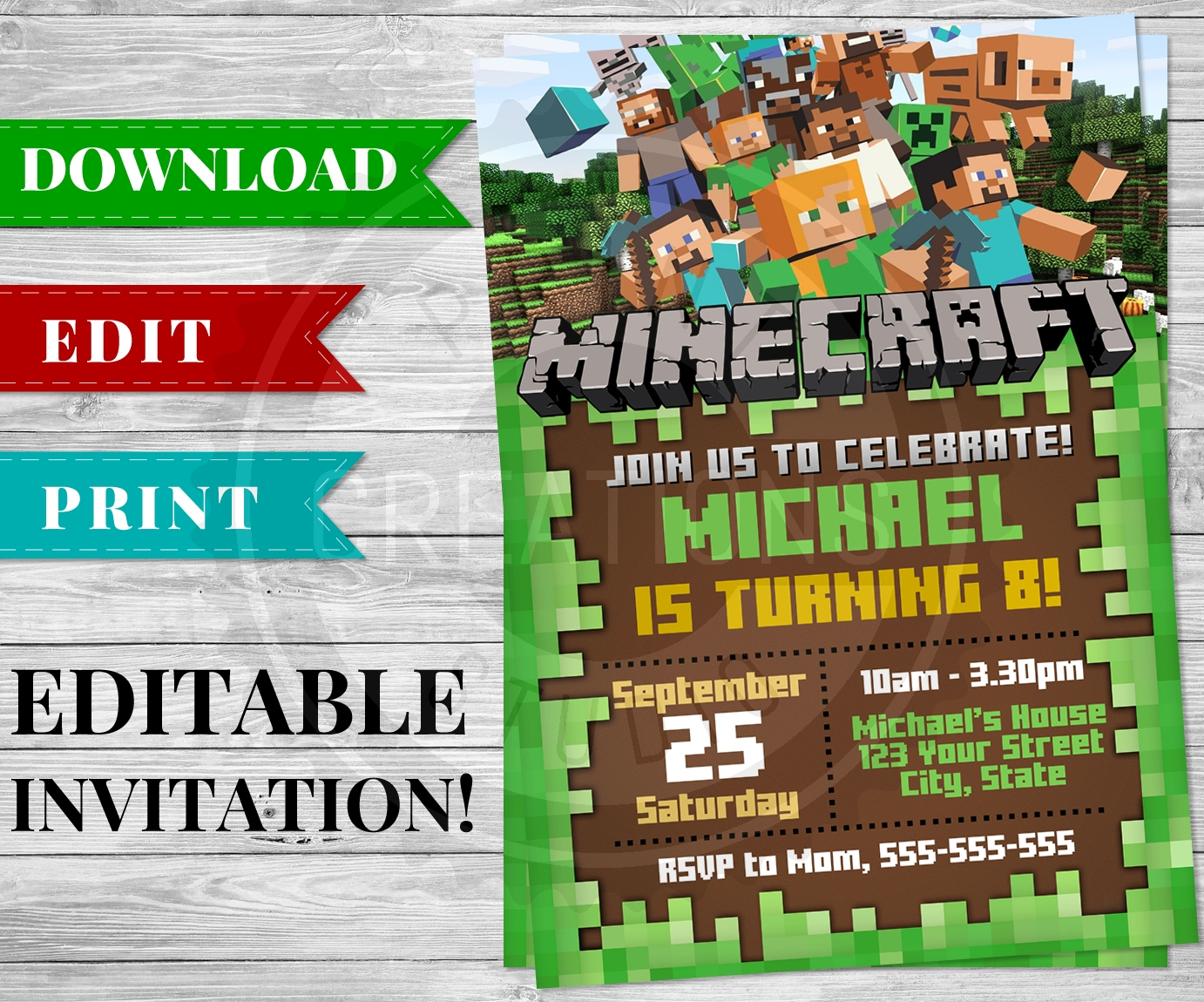 Printable Minecraft Invitation Pdf - Minecraft Birthday Party Supplies - Free Printable Minecraft Invitations