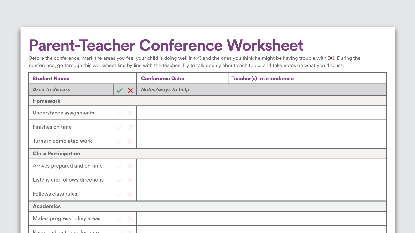 Printable Parent-Teacher Conference Worksheet - Free Printable Teacher Notes To Parents