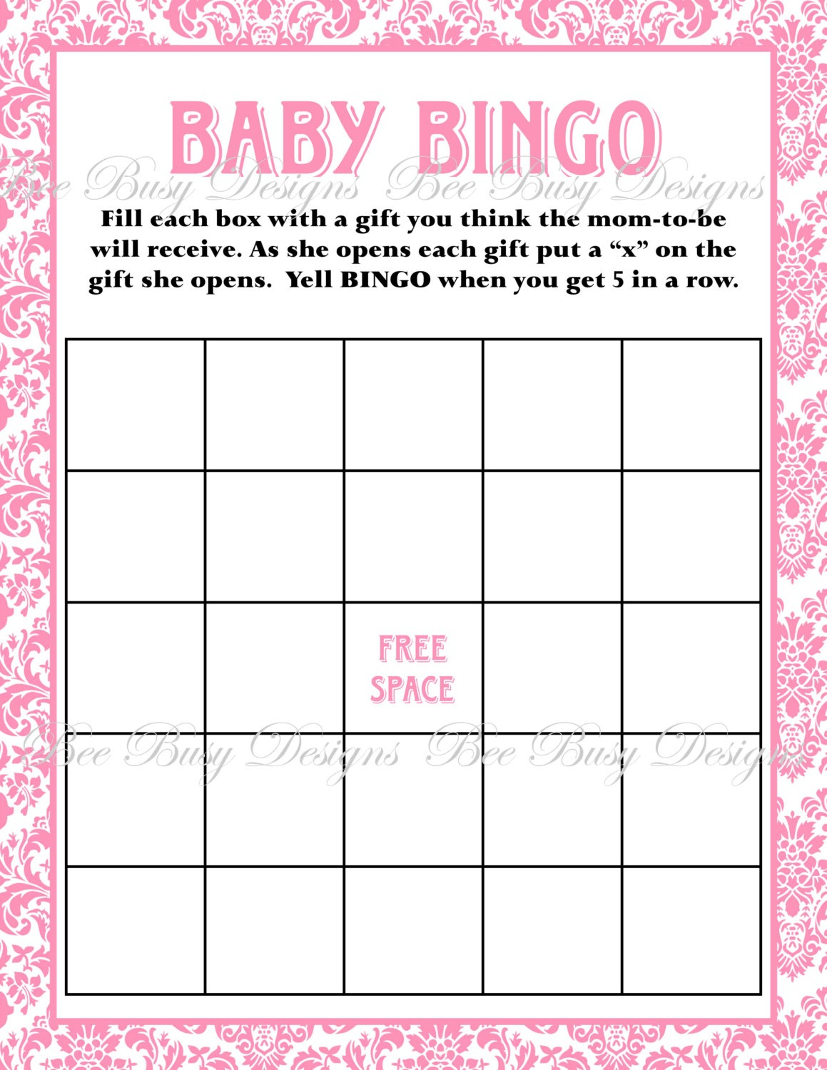 Printable Pink Damask Baby Shower Bingo Game | Bee Busy Designs - Free Printable Baby Shower Bingo