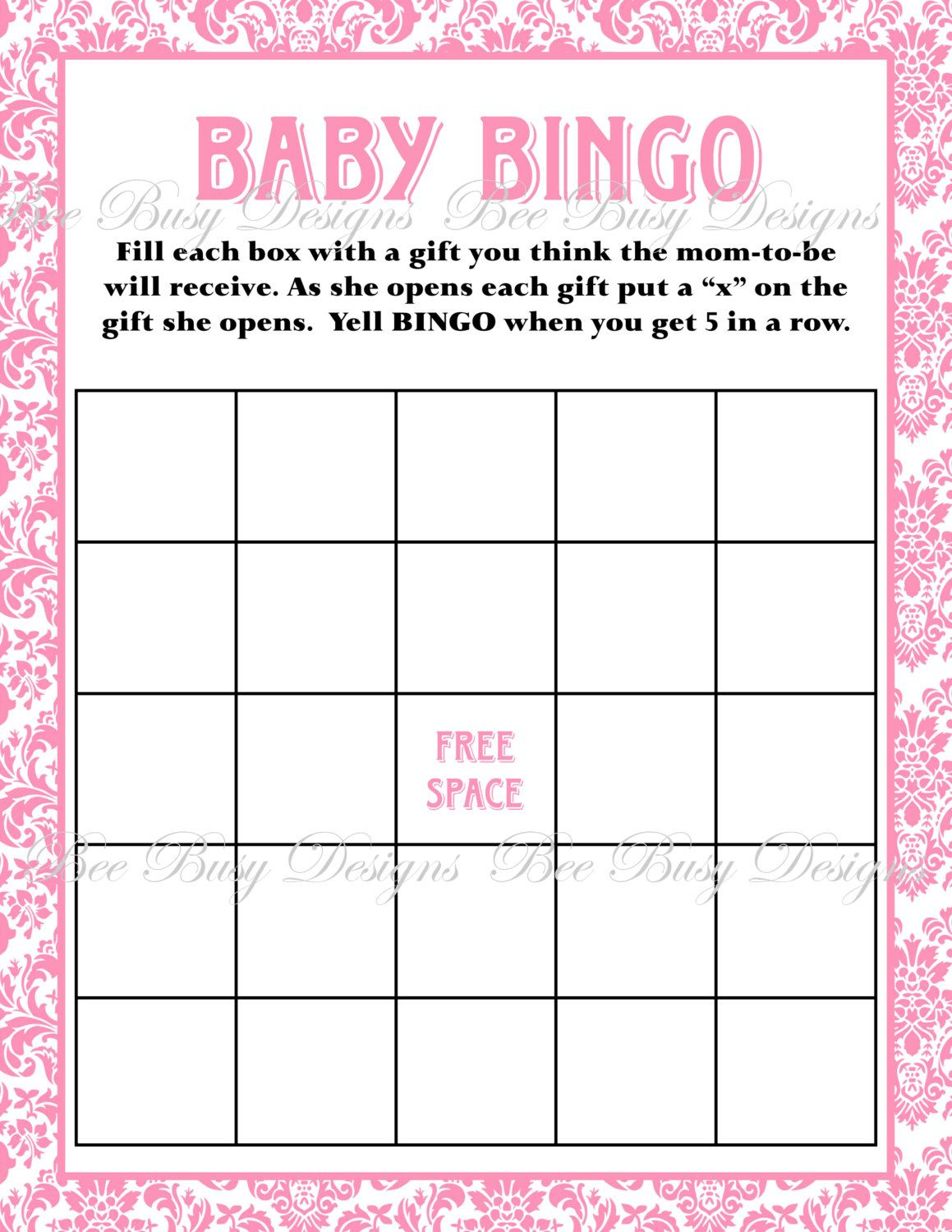 Printable Pink Damask Baby Shower Bingo Game Instant Download | Baby - Free Printable Baby Shower Bingo Cards Pdf