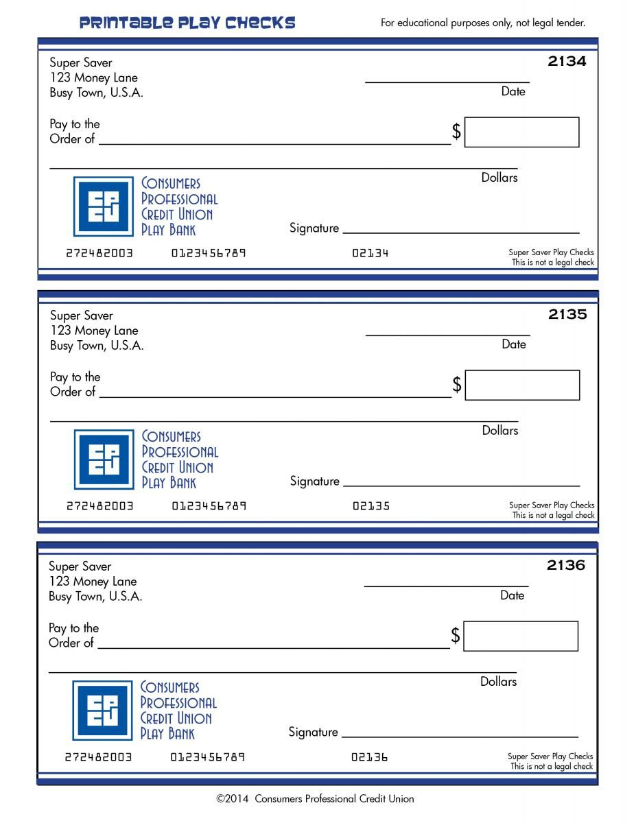 Printable Play Checks. Consumers Professional Credit Union. | Family - Free Printable Play Checks