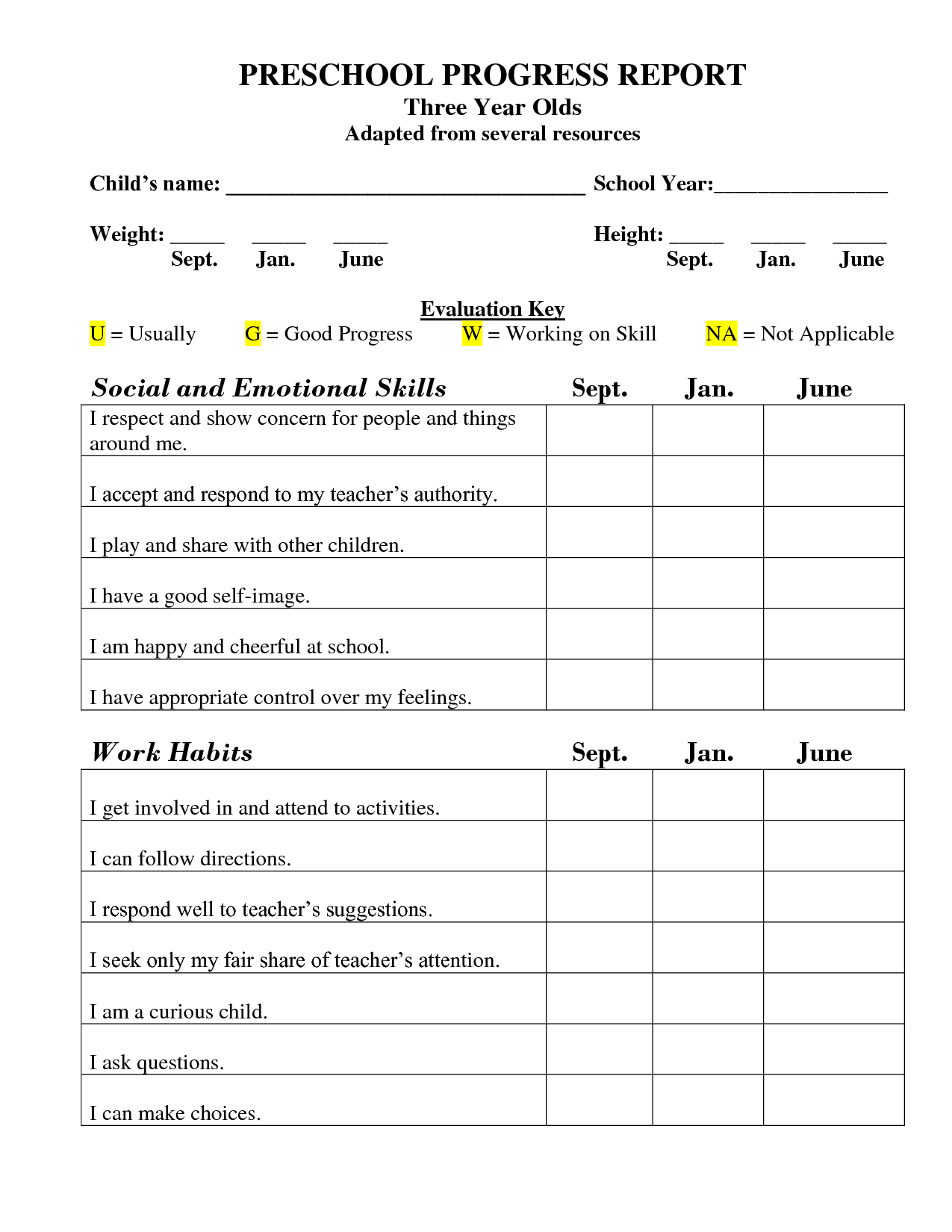 Printable Preschool Progress Report Template | Kg | School Report - Free Printable Report Cards