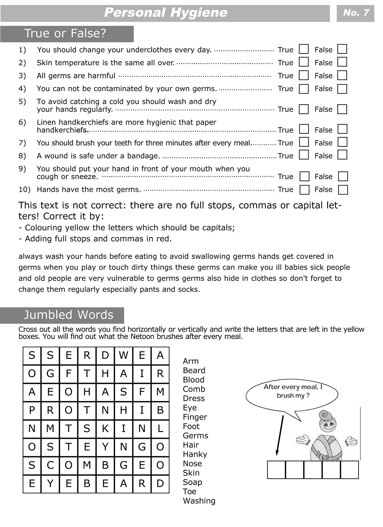 Printable Worksheets For Personal Hygiene | Personal Hygiene - Free Printable Health Worksheets For Middle School