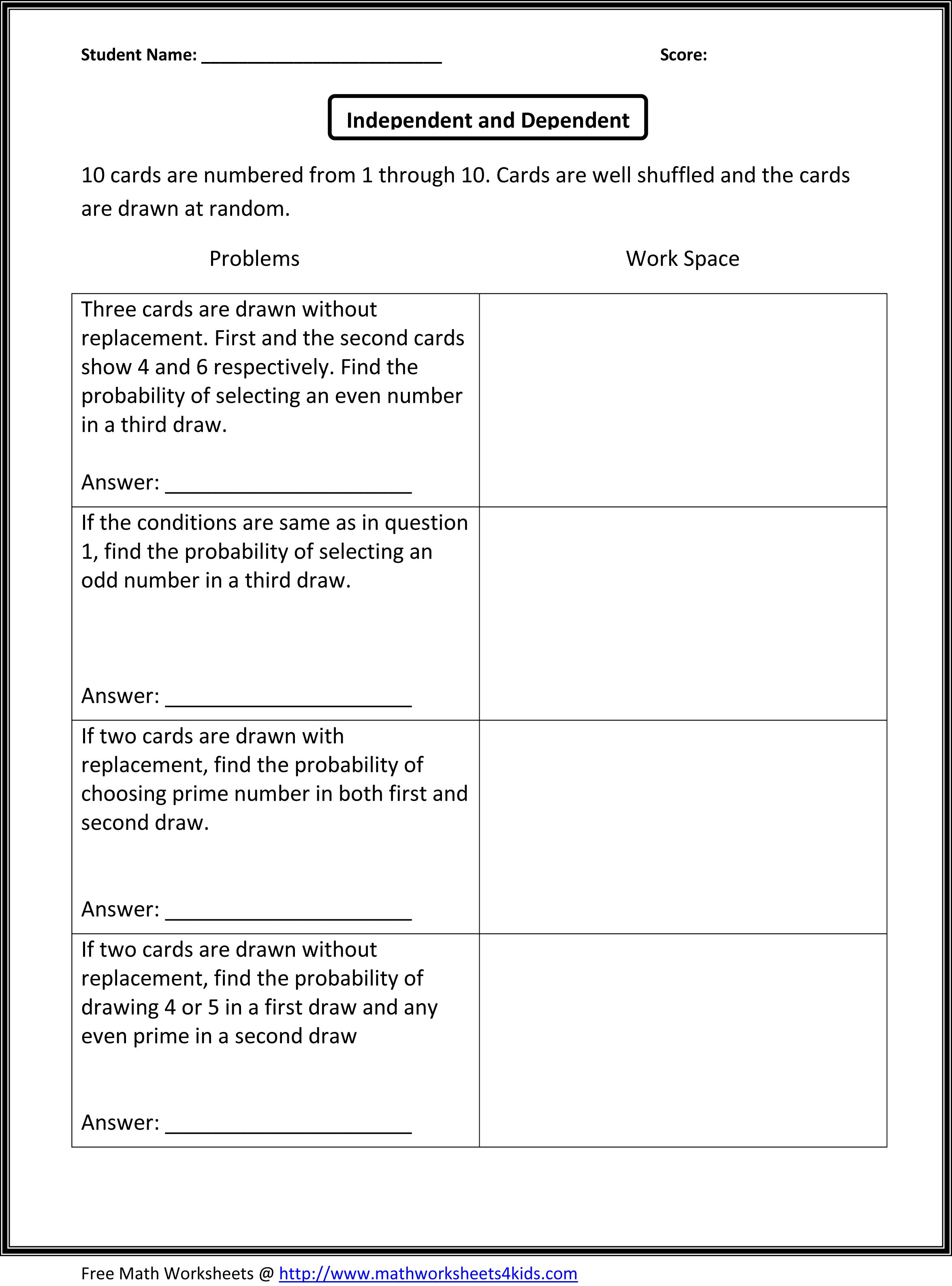 Probability Of Independent And Dependent Events | Compound - Free Printable Probability Worksheets 4Th Grade