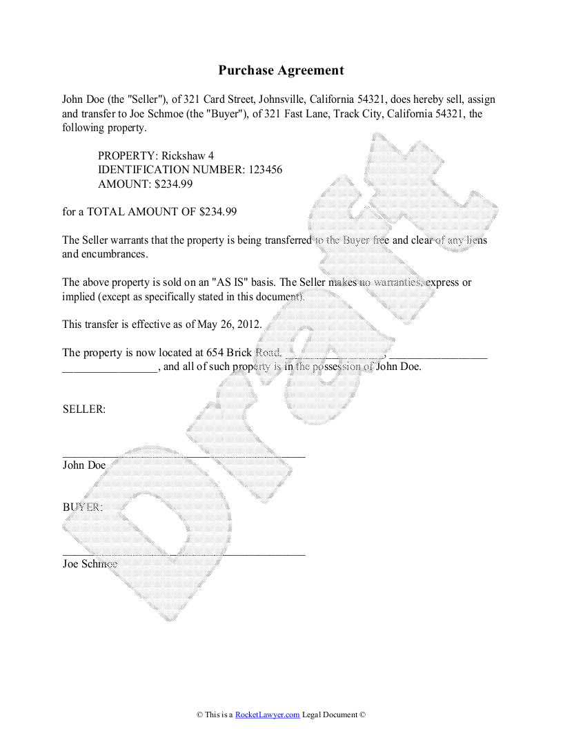 Purchase Agreement Template - Free Purchase Agreement - Free Printable Basic Will