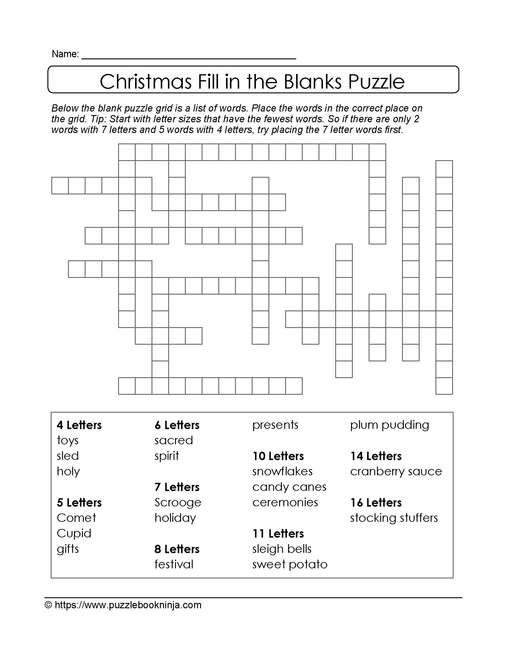 Puzzles To Print. Free Xmas Theme Fill In The Blanks Puzzle - Free Printable Fill In Puzzles