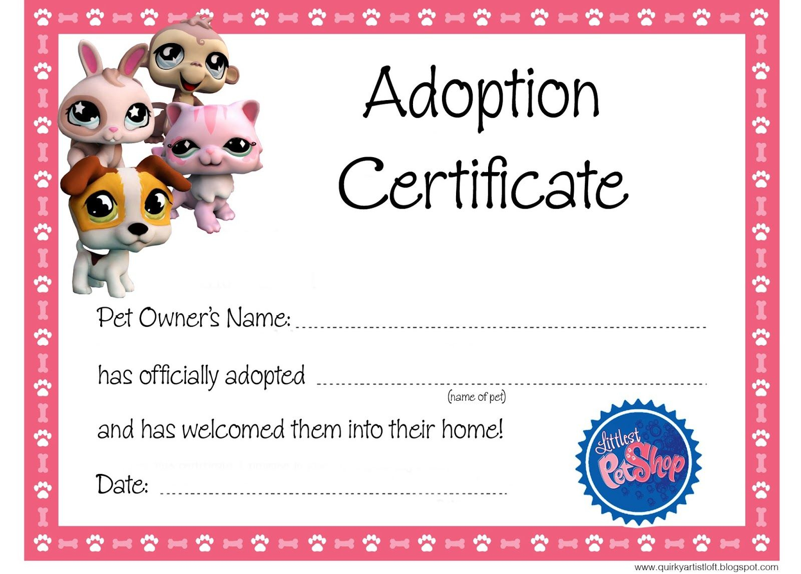 Quirky Artist Loft: Littlest Pet Shop Party - Free Adoption - Free Printable Stuffed Animal Adoption Certificate