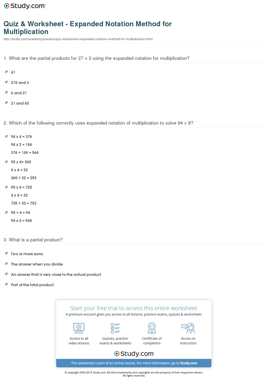 Quiz &amp;amp; Worksheet - Expanded Notation Method For Multiplication - Free Printable Expanded Notation Worksheets