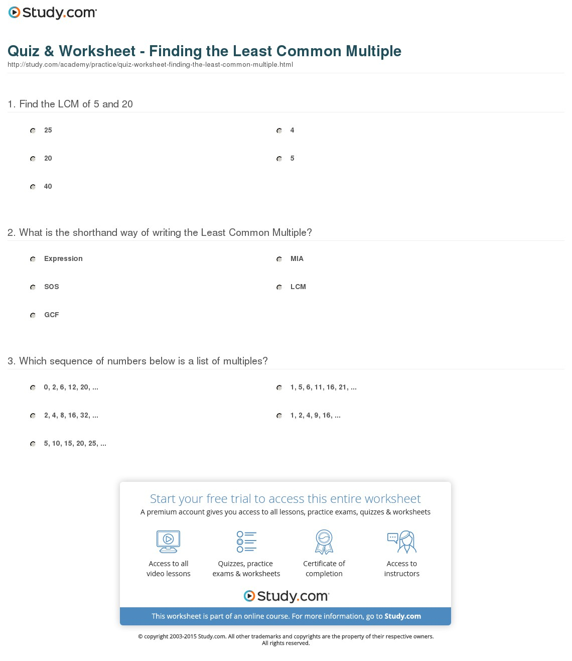 Quiz &amp;amp; Worksheet - Finding The Least Common Multiple | Study - Least Common Multiple Worksheet Free Printable