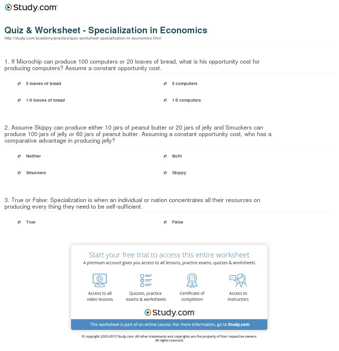 Quiz &amp;amp; Worksheet - Specialization In Economics | Study - Free Printable Economics Worksheets