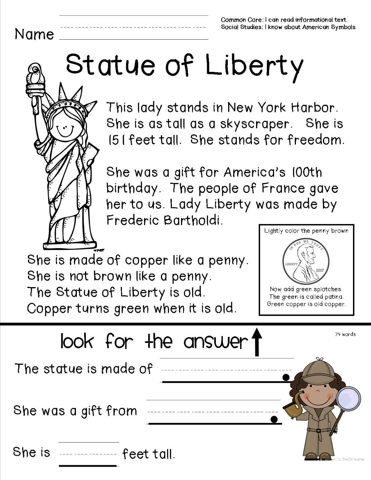 Reading Comprehension Sheet About The Statue Of Liberty For Primary - Free Printable Social Studies Worksheets