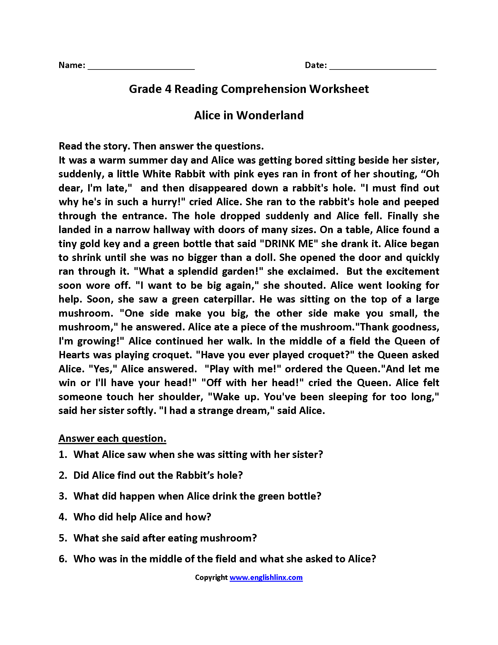 Reading Worksheets | Fourth Grade Reading Worksheets - Free Printable Short Stories For 4Th Graders