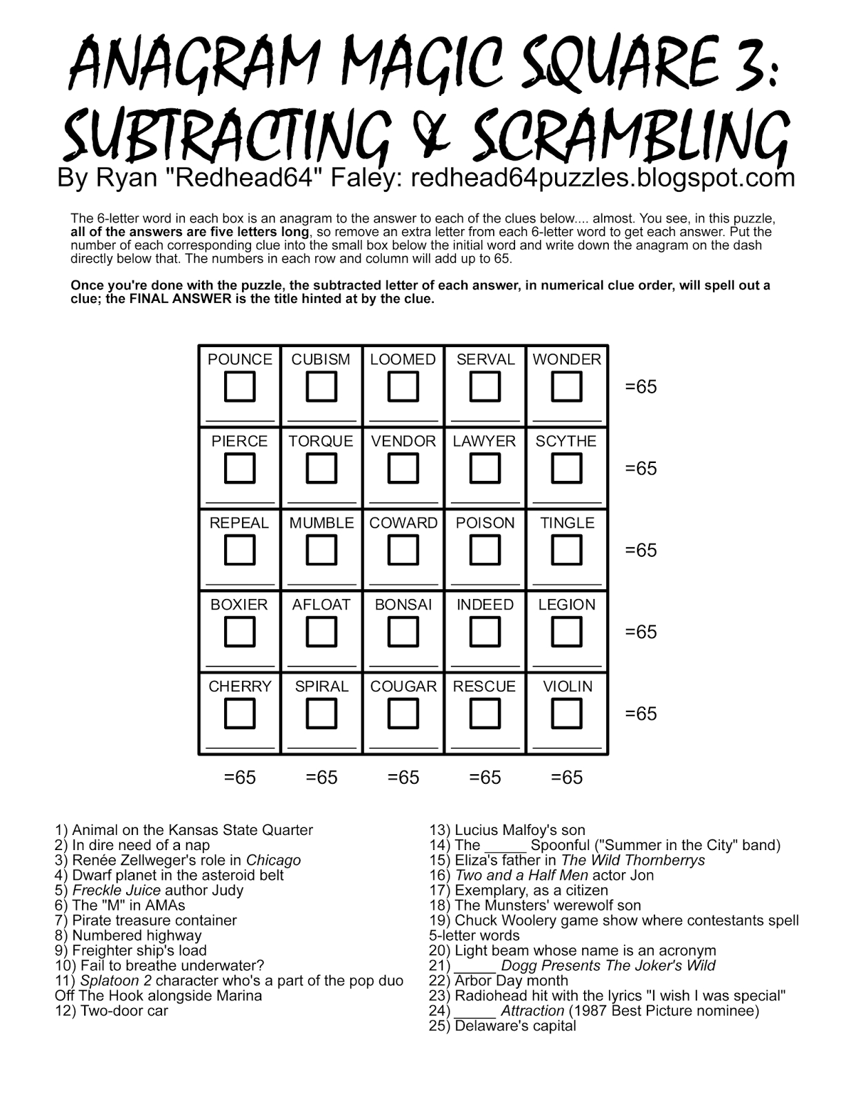 Redhead64&amp;#039;s Obscure Puzzle Blog!: Puzzle #166: Anagram Magic Square - Free Printable Anagram Magic Square Puzzles