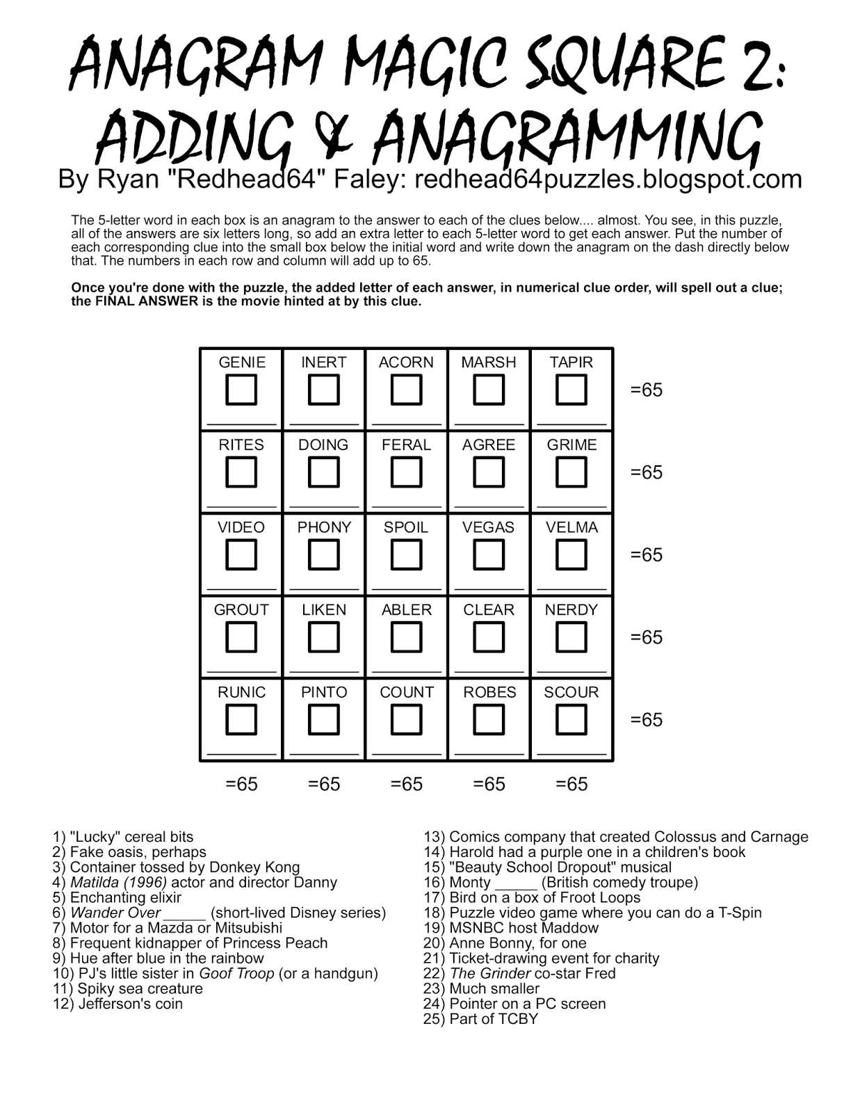 Redhead64&amp;#039;s Obscure Puzzle Blog!: Puzzle #93: Anagram Magic Square 2 - Free Printable Anagram Magic Square Puzzles