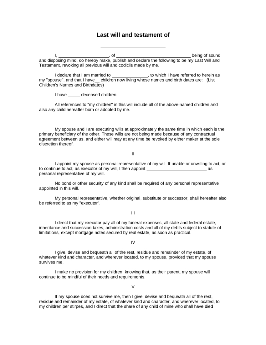 Sample Last Will And Testament Of Form | 8Ws - Templates &amp;amp; Forms - Free Printable Last Will And Testament Forms