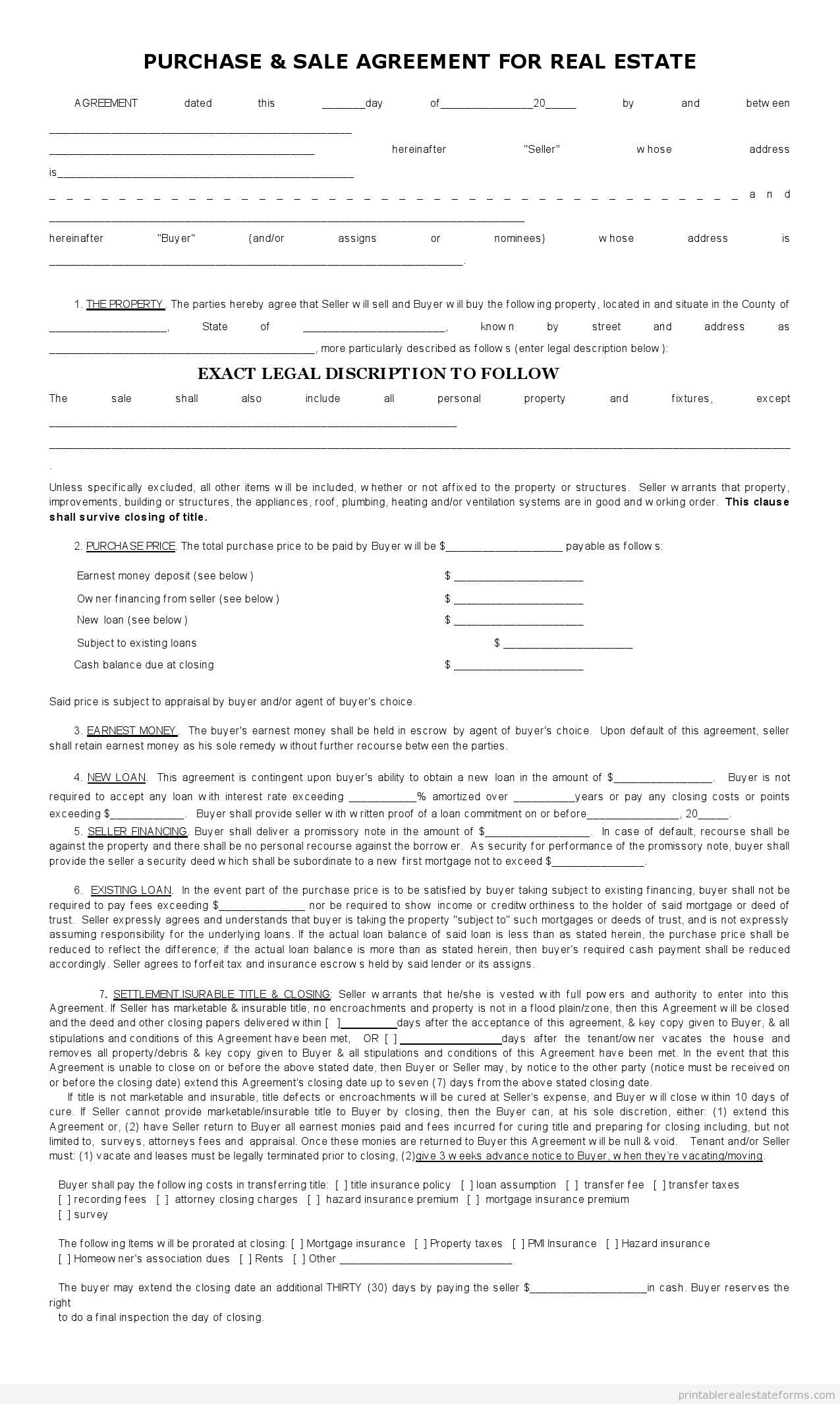 Sample Printable Sales Contract For Buying Subject 2 Form | Sample - Free Printable Real Estate Purchase Agreement
