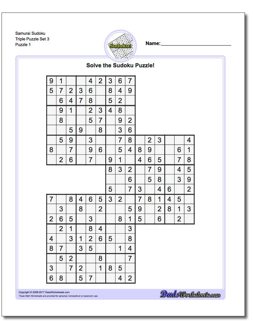 Samurai Sudoku Triples | Math Worksheets | Sudoku Puzzles, Maths - Free Printable Samurai Sudoku