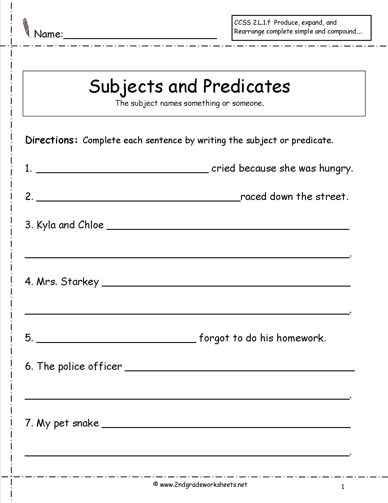 Second Grade Sentences Worksheets, Ccss 2.l.1.f Worksheets. - Free Printable Subject Predicate Worksheets 2Nd Grade