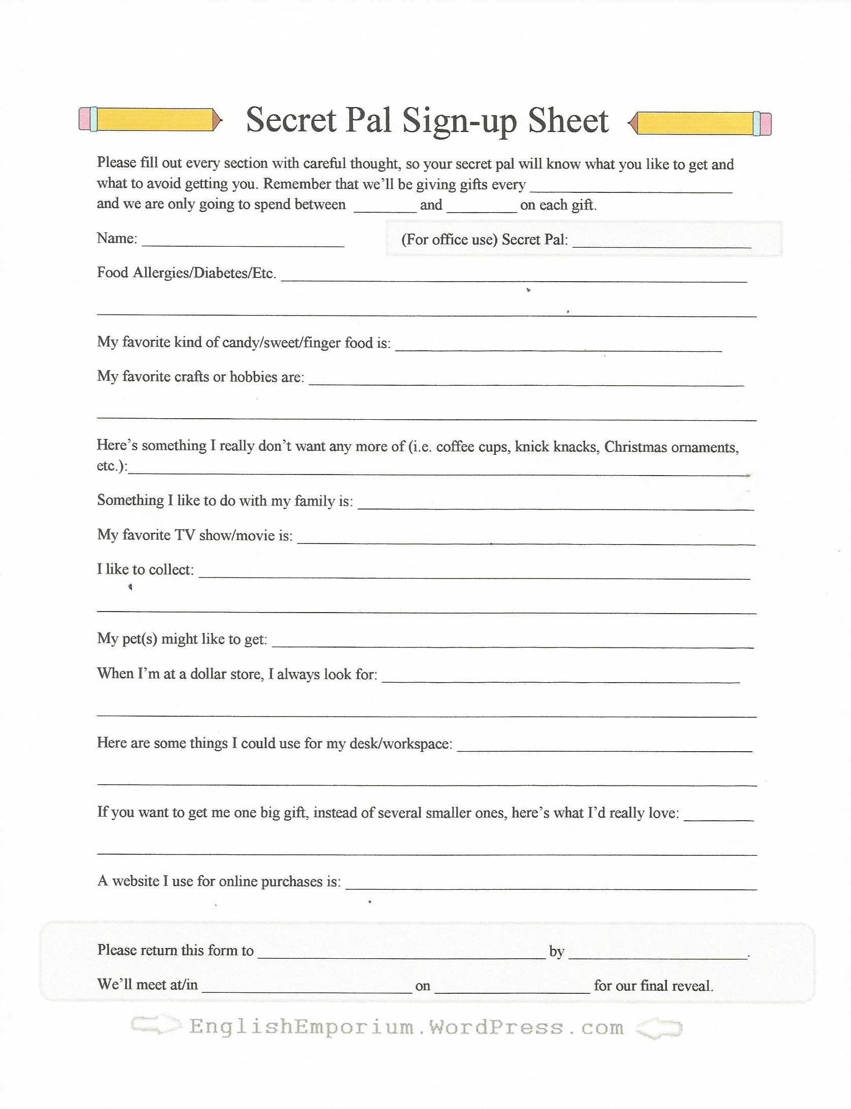 Secret Pal Questionnaire Form Sign-Up Sheet | Secret Pal Ideas From - Free Printable Secret Pal Forms