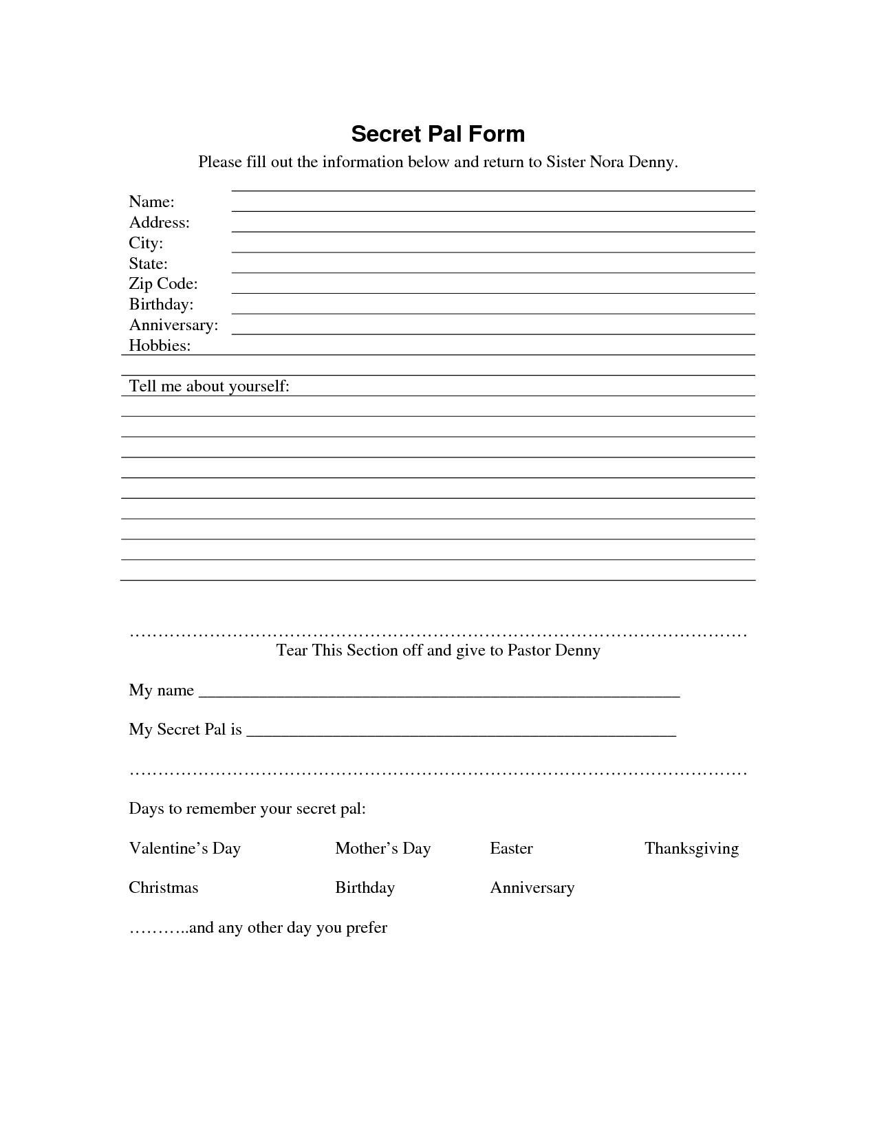 Secret Sister Questionnaire | Secret Pal Form - Download As Pdf - Free Printable Secret Pal Forms