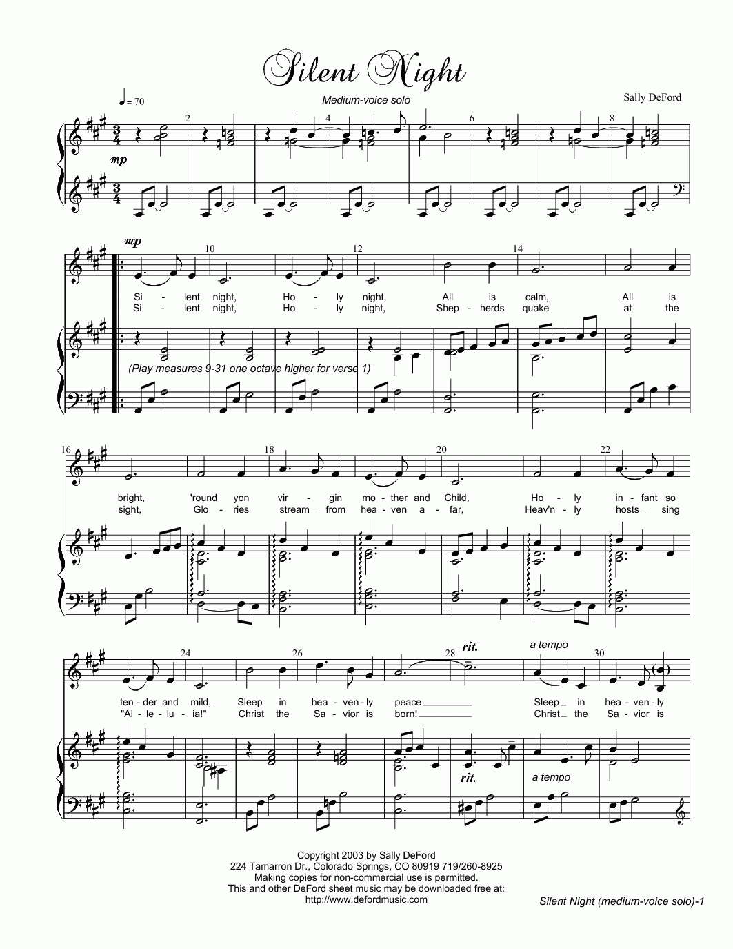 Silent Night (By Sally Deford -- Vocal Solo) Nice Arrangement - Free Printable Sheet Music For Voice And Piano