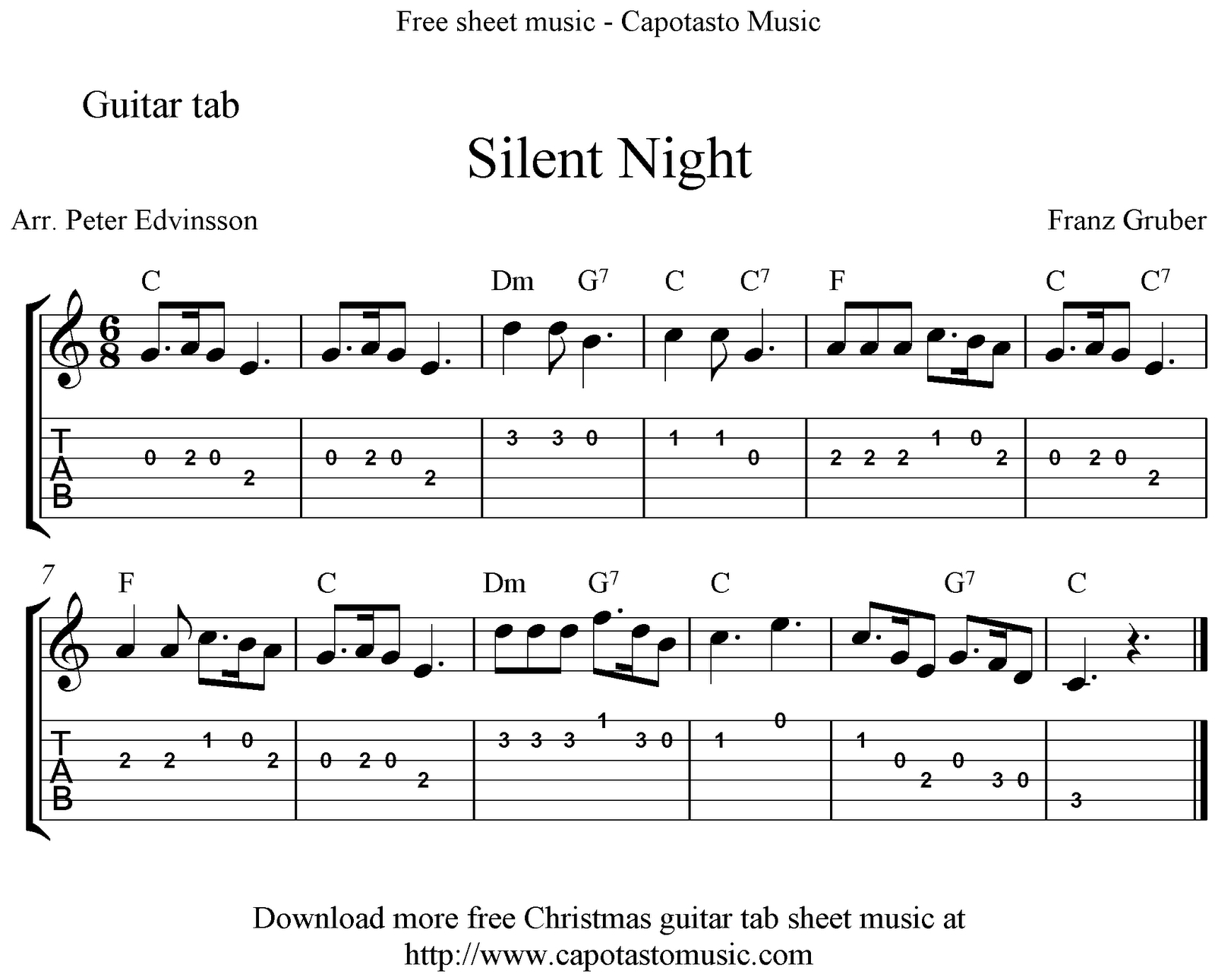Silent Night, Easy Free Christmas Guitar Tab Sheet Music - Free Printable Guitar Music