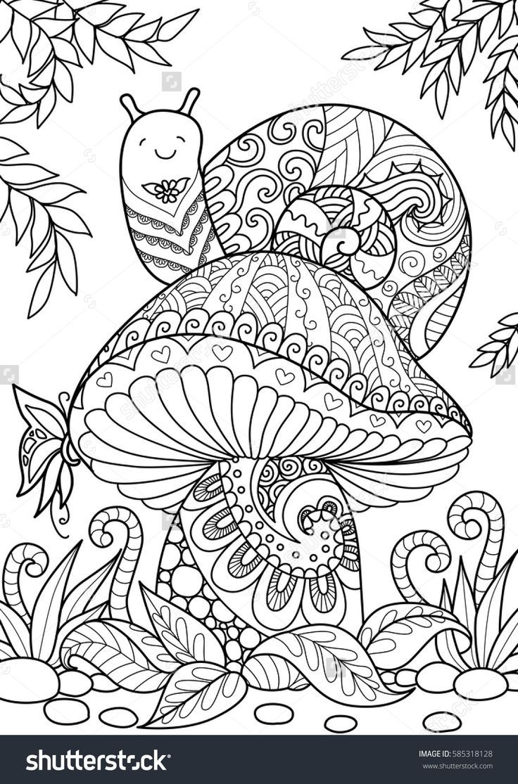 Snail Sitting On Beautiful Mushroom For T-Shirt Design, Tattoo And - Free Printable Mushroom Coloring Pages