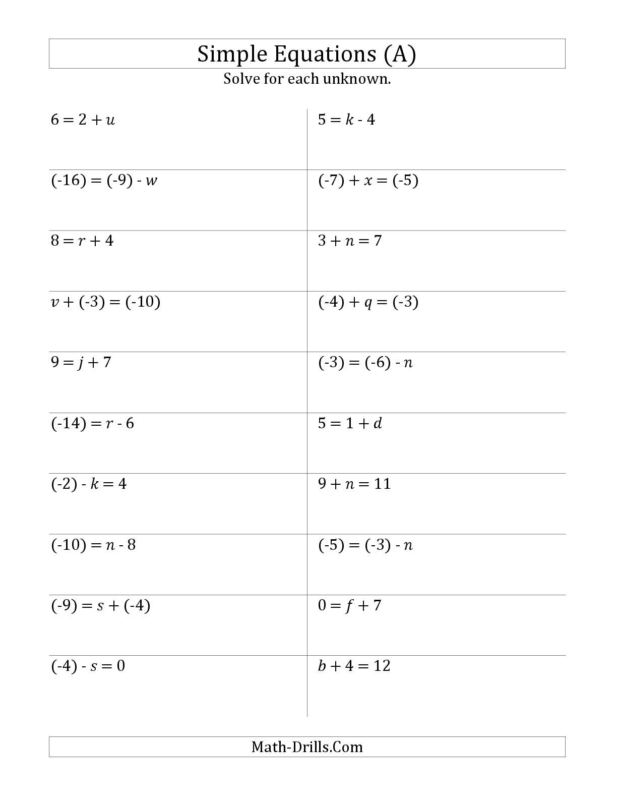 Solve One Step Equations With Smaller Values (A) Math Worksheet - Free Printable Algebra Worksheets Grade 6