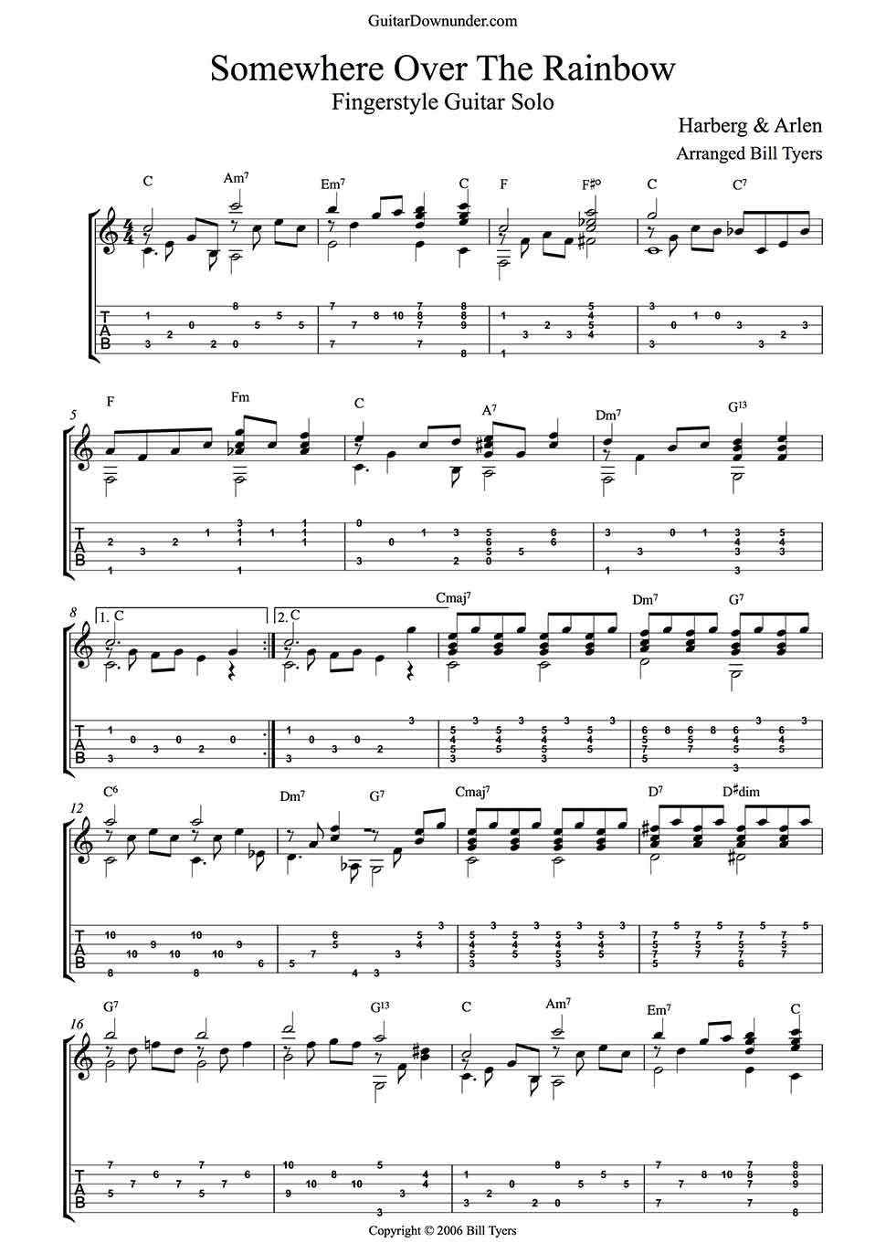 Somewhere Over The Rainbow&amp;quot; Guitar Music- Fingerstyle Arrangement - Free Printable Guitar Music