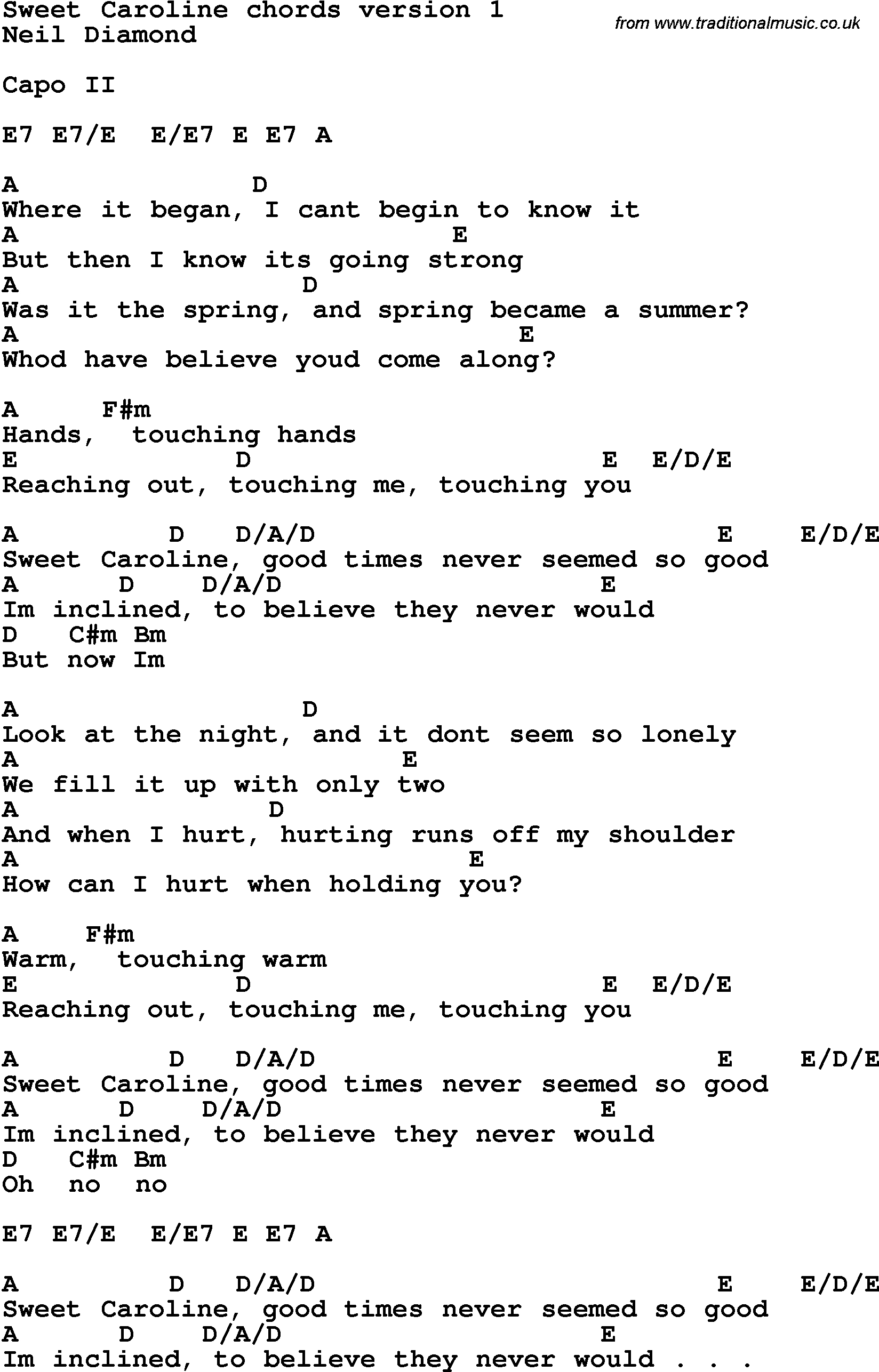 Song Lyrics With Guitar Chords For Sweet Caroline - Free Printable Song Lyrics With Guitar Chords