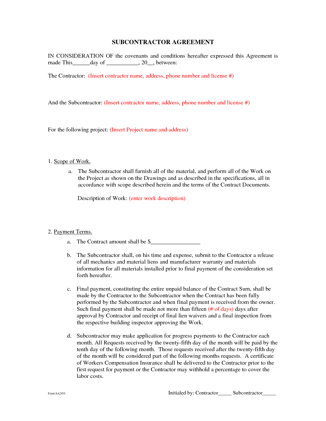 Subcontractor Agreement Template - Subcontractor Agreement Template - Free Printable Handyman Contracts