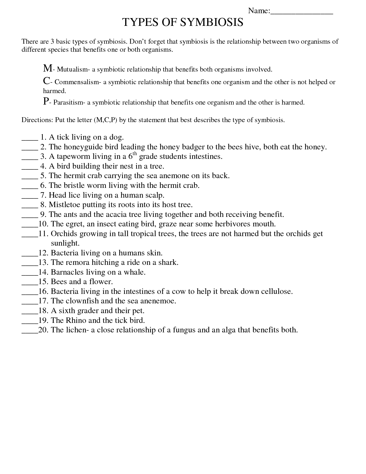 Symbiosis Worksheet: Free Printable Worksheets On High School Bio - Free Printable Worksheets For Highschool Students