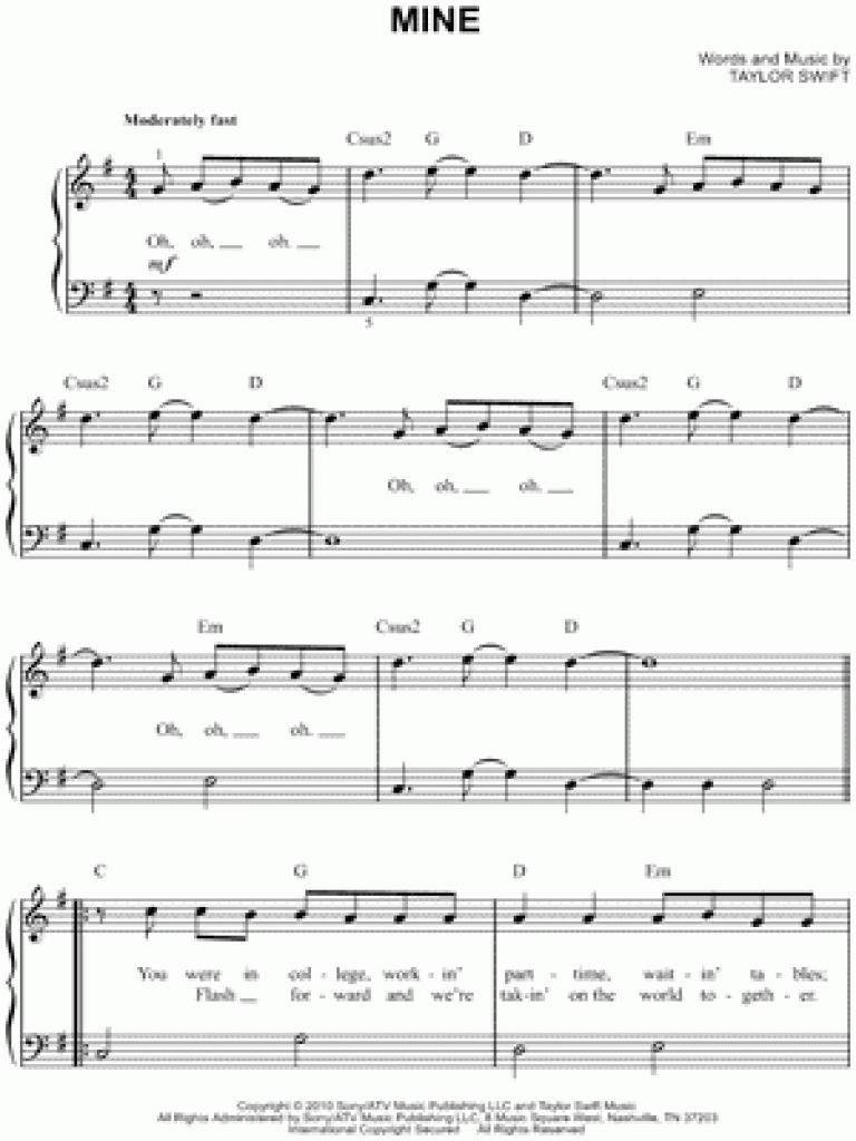 Taylor Swift &amp;quot;mine&amp;quot; Sheet Music (Easy Piano) In G Major - Download - Taylor Swift Mine Piano Sheet Music Free Printable