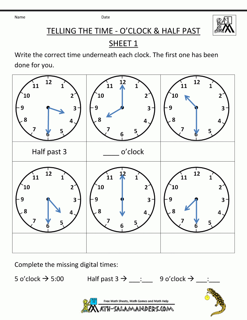 Telling Time Worksheets - O&amp;#039;clock And Half Past | Kindergarten -Gr - Free Printable Telling Time Worksheets For 1St Grade
