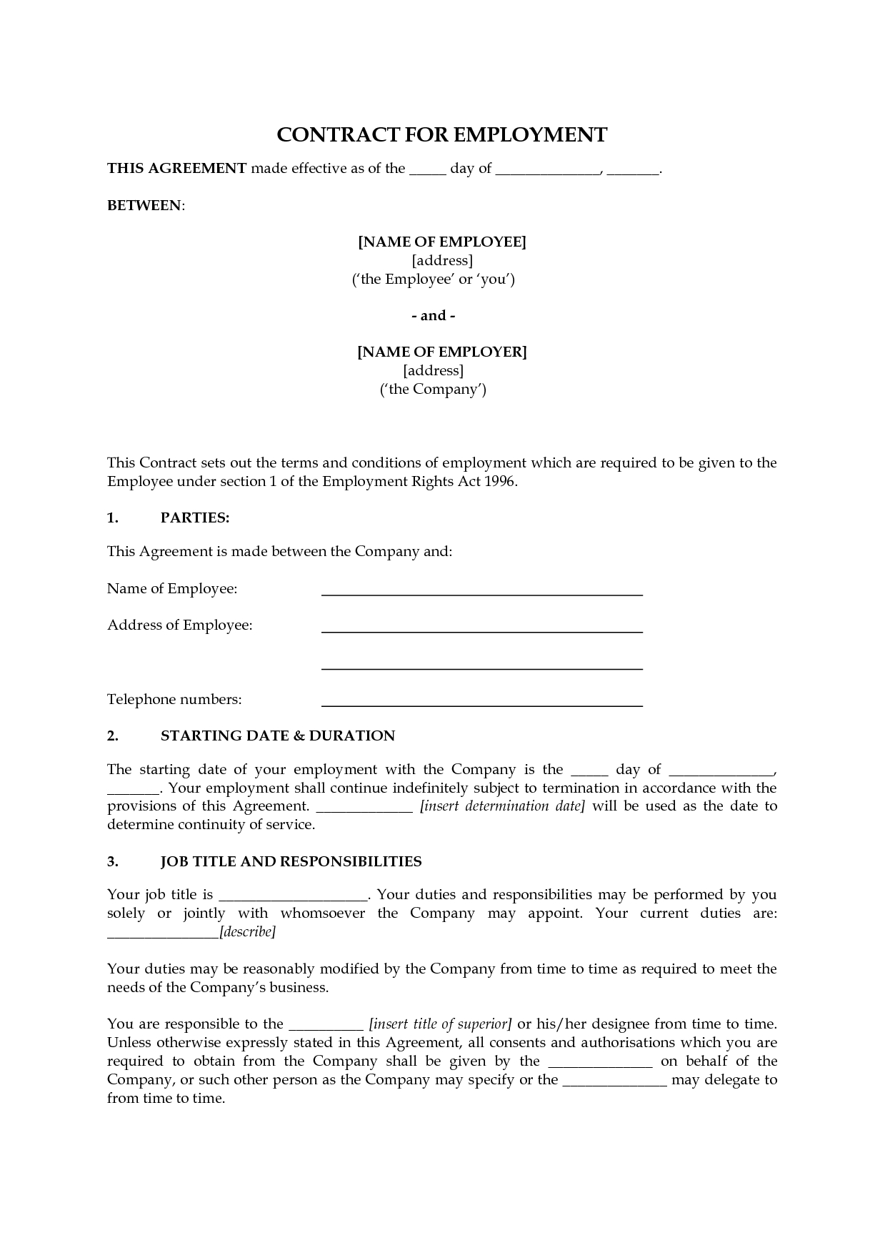Template: Printable Employment Contract Template. Employment - Free Printable Employment Contracts