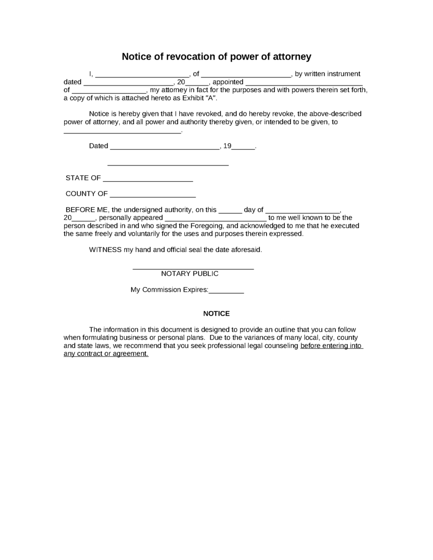 Template: Revocation Of Power Of Attorney - Free Printable Revocation Of Power Of Attorney Form